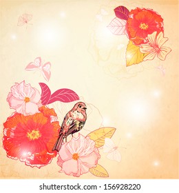 Background with flowers and bird