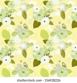 Background with flowers and bird, seamless