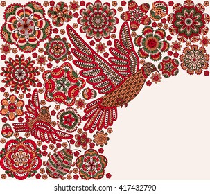 Background with flowers, birds and ladybug. Romantic floral pattern. Vector illustration