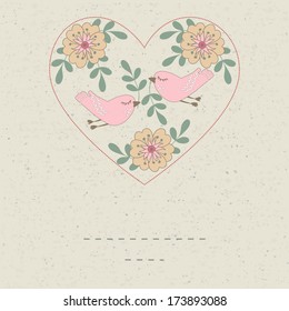 Background with flowers and birds and space for text. Wedding card.