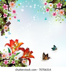 Fondo con flores y mariposas