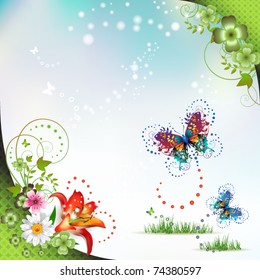 Background with flowers and butterflies