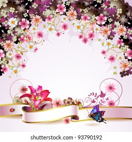 Background with flowers and butterflies