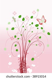 Background with flowers, the butterfly, a dragonfly, and set of leaves and trunks.