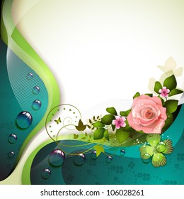 Background with flowers, butterfly and drops of water