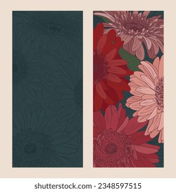 Background of flowers in close-up. A set of vertical backgrounds with gerberas drawn by hand.