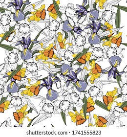Background from flowers of daffodil and iris. Seamless pattern. Vector graphics.
