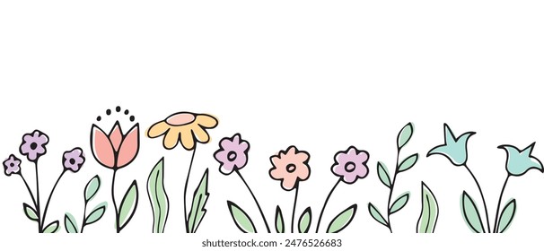 Fondo con flores en estilo Doodle. Marco con flores de garabato. Vector.