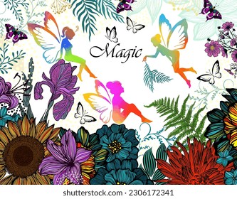 Background with flowers and fairy silhouette. Vector illustration