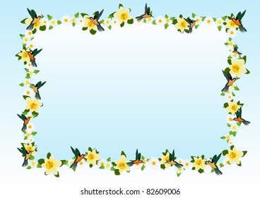 The background of the flowers and flying around them small birds