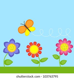 Background with flowers and flying butterfly
