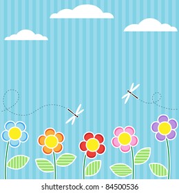 Background With Flowers And Flying Dragonflies