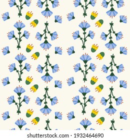 Hintergrund von Blumen und Gartenarbeit. Vektorgrafik-Kornblumen und gelbe Tulpe. Gartenmuster in Blumen. Muster für Gartentextilien. Vektorgrafik
