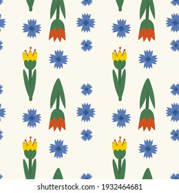 Background of flowers and gardening. Vector red and yellow tulips. Garden pattern in flowers. Pattern for garden textiles. Vector illustration