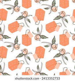 Background with flowers and gift box. Seamless holiday background. Peach love illustration. Seamless pattern with peony buds. Repeated Natural illustration for wallpaper, wrapping paper, textile