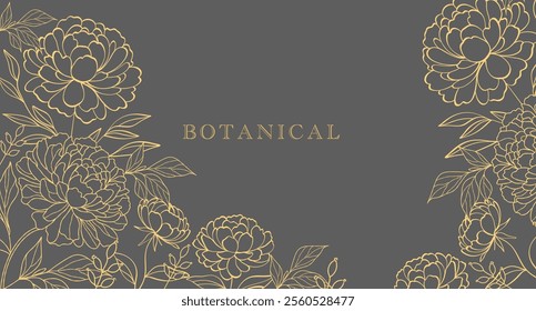 Background with flowers. Golden flower frame. Luxury background with a bouquet of flowers, branches, leaves. Modern botanical design for textiles, wallpapers, and decorating, wedding invitations 