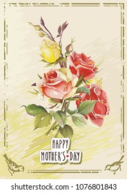 Background with flowers for Happy Mother’s Day. Women’s day floral card with hand drawn roses. Romantic greeting card or invitation. Frame with summer flowers. Elegance retro vector illustration