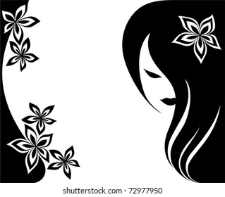 Background with flowers and a head of the girl with long hair