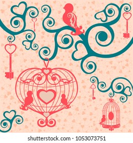 background with flowers, keys and birds
