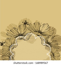 Background with flowers, lace frame and hearts. Vector illustration.