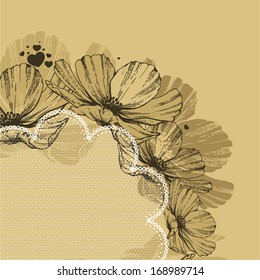 Background with flowers, lace and hearts. Vector illustration.