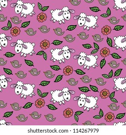 Background with flowers and lambs  pattern