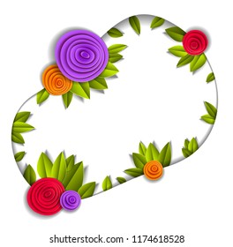 Background with flowers and leaves paper cut style, copy space for text, vector floral illustration. Wedding invitation or romantic greeting card.