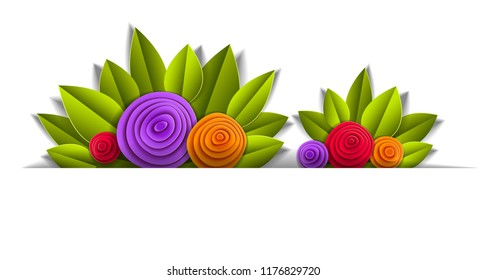 Background with flowers and leaves paper cut style line design element, copy space for text, vector floral illustration. Wedding invitation or romantic greeting card.