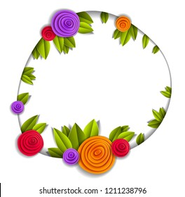 Background with flowers and leaves paper cut style, copy space for text, vector floral illustration. Wedding invitation or romantic greeting card.