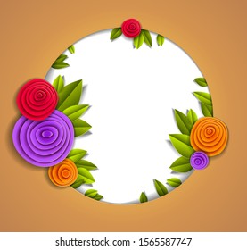 Background with flowers and leaves paper cut style, copy space for text, vector floral illustration. Wedding invitation or romantic greeting card.