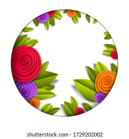 Background with flowers and leaves paper cut style, copy space for text, vector floral illustration. Wedding invitation or romantic greeting card.