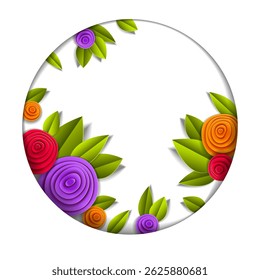 Background with flowers and leaves paper cut style, copy space for text, vector floral illustration. Wedding invitation or romantic greeting card.