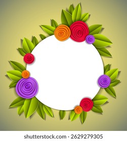 Background with flowers and leaves paper cut style, copy space for text, vector floral illustration. Wedding invitation or romantic greeting card.
