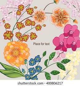 Hintergrund mit Blumen und Blättern. Vektorgrafik-Grußkarte.