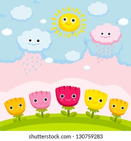 Background with flowers. Meadow with tulips. Vector illustration.