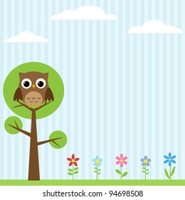 Background with flowers and owl sitting on the tree