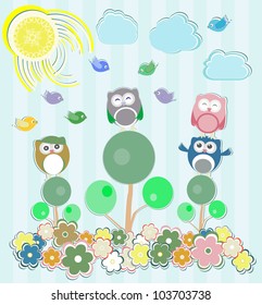 Background with flowers and owls sitting on the tree