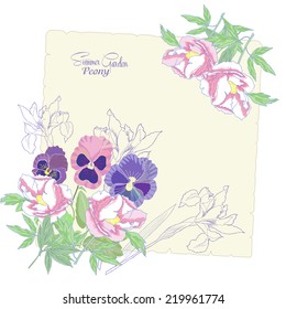 Background with flowers peonies,  irises and pansies.Vector Illustration