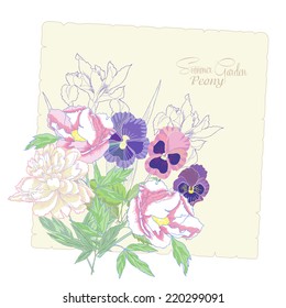 Background with flowers peonies,  irises and pansies.Vector Illustration
