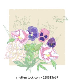 Background with flowers peonies,  irises and pansies.Vector Illustration