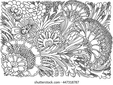 Background with flowers and plants. Black and white doodle vector illustration. Coloring book for adult and older children. Coloring page. Outline drawing.
