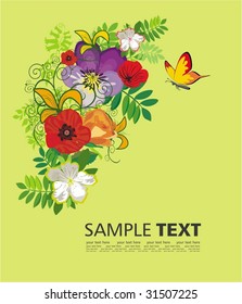 Background with flowers, plants and butterfly