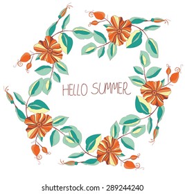 background with flowers and rose hips on white background wreath with lettering Hello summer