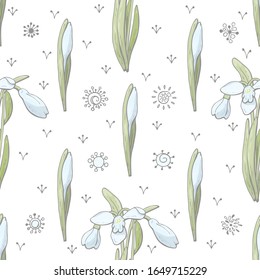 Background with flowers snowdrops. Seamless pattern with floral romantic elements. Endless texture for the spring design season. For fabric, wallpaper, cards, invitations, different designs.