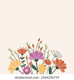 Background of flowers, twigs and leaves placed at the bottom. Space for text. Vector illustration of stylized plants in cartoon style. Isolated on a light background.
