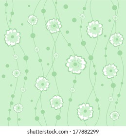 Background with flowers and wavy lines on mint green. It can be used for textile, paper, print