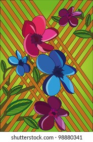 Background with flowers and wooden grate, greeting card. Vector illustration
