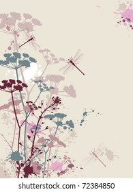 Background with flowers,dragonfly and grunge effect