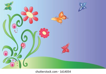 background with flowery foliage and flying butterflies