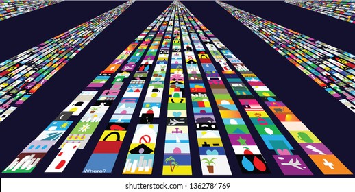 Background, flows of images in perspective , in dark virtual space.